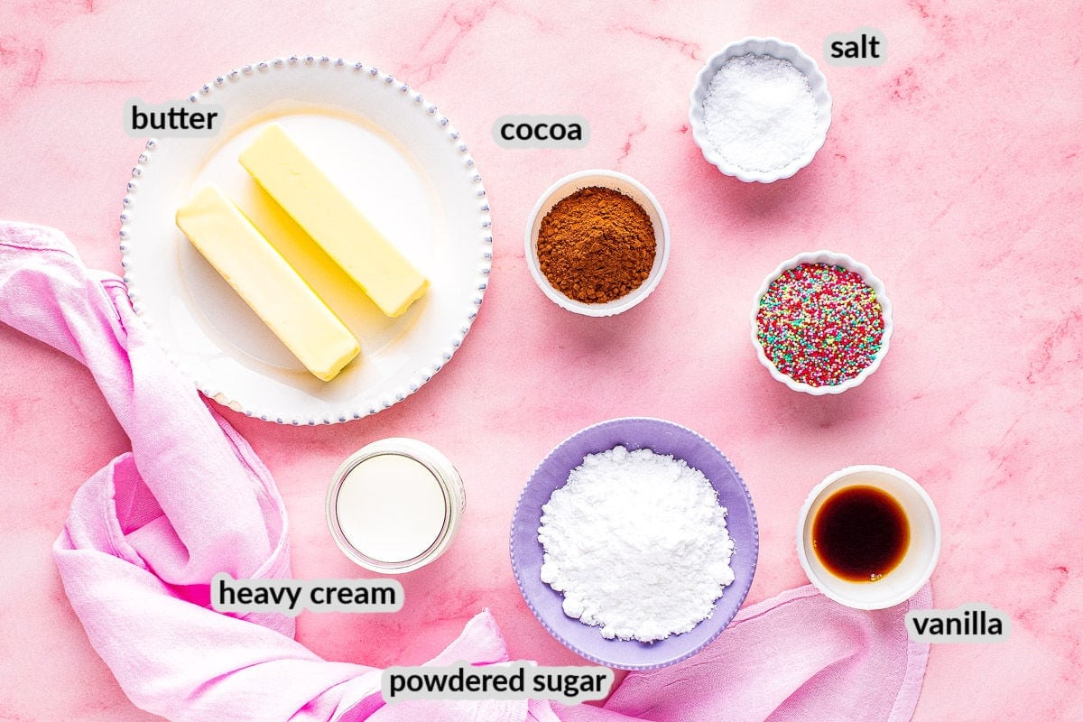 Overhead image of Chocolate Buttercream Frosting Ingredients on pink background