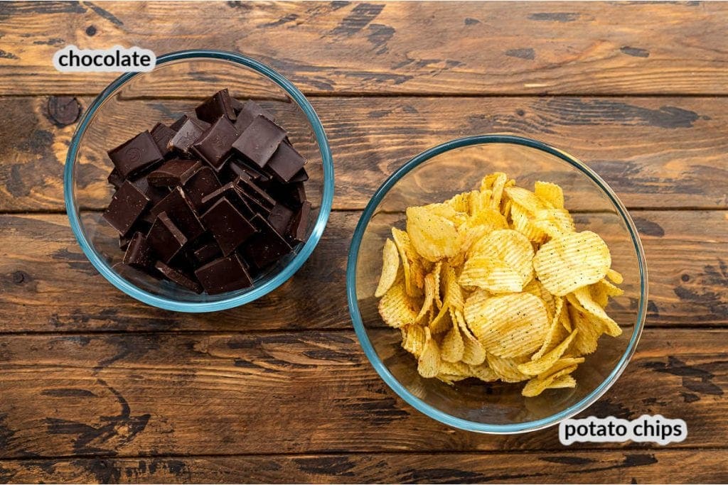 Overhead Image of Chocolate Covered Potato chips Ingredients