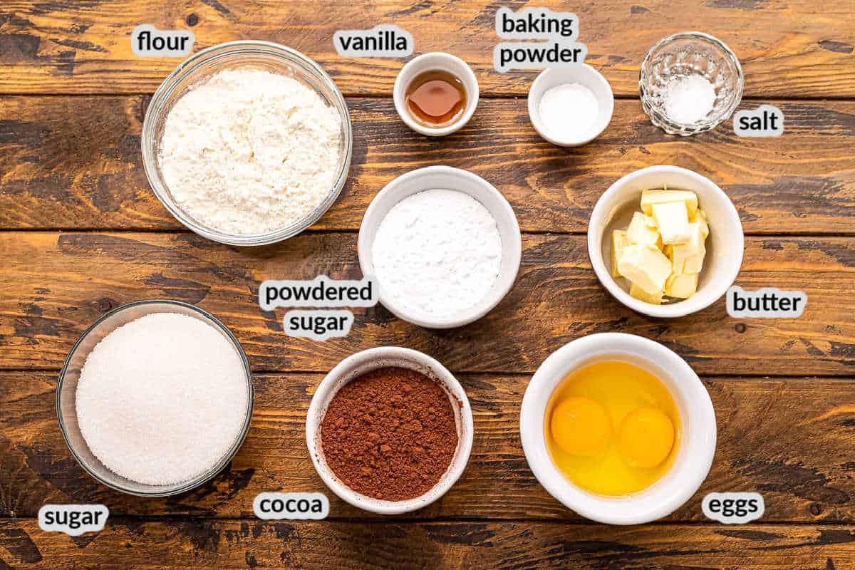 Overhead image of Chocolate Crinkle Cookies Ingredients in bowls