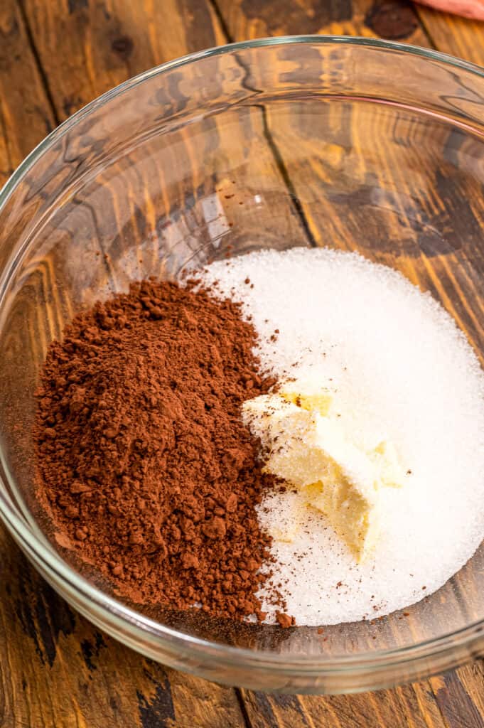 Chocolate Crinkle Cookie ingredients in glass bowl before mixing