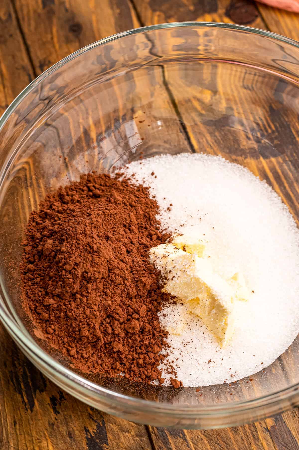 Chocolate Crinkle Cookie ingredients in glass bowl before mixing