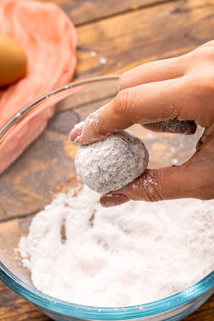 Hand holding Chocolate Cookie Dough Ball rolled in powdered sugar.