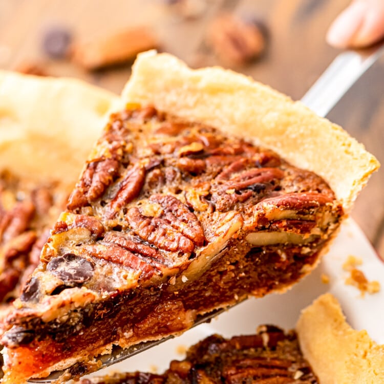 Slice of Chocolate Pecan Pie on pie server