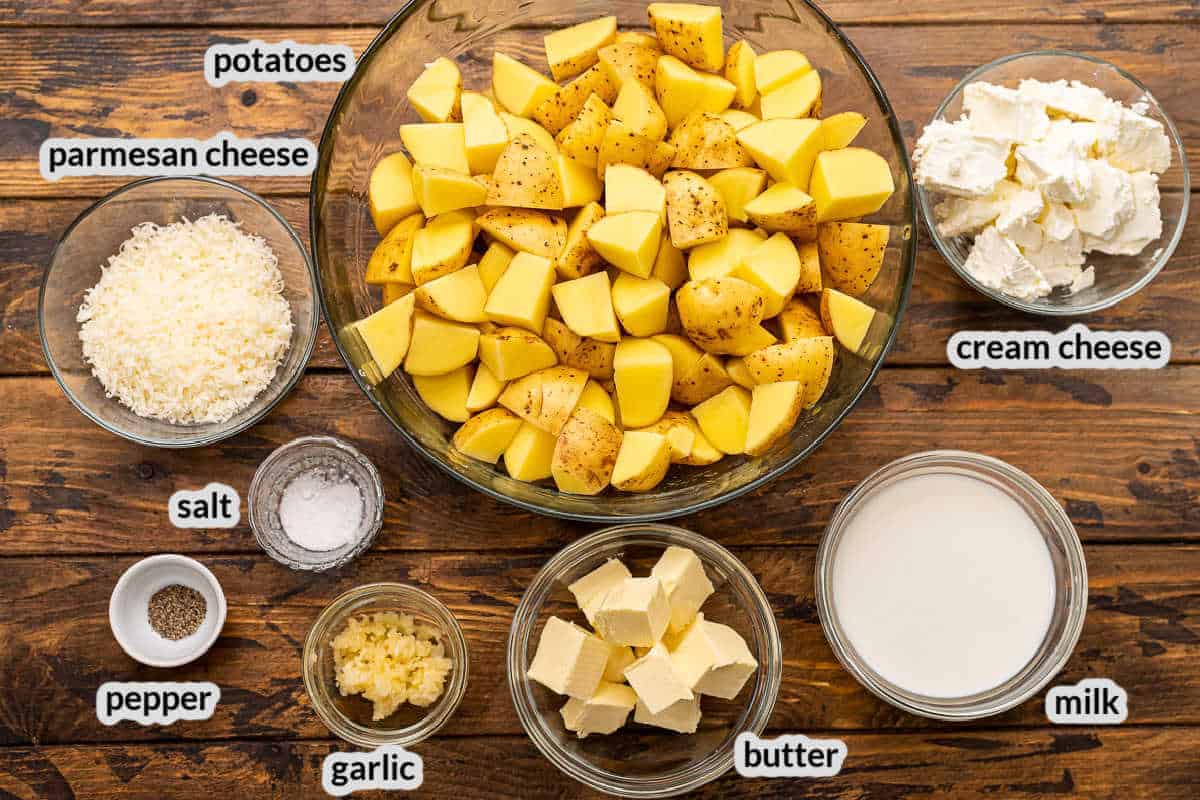 Overhead image of Crock Pot Mashed Potatoes Ingredients in bowls