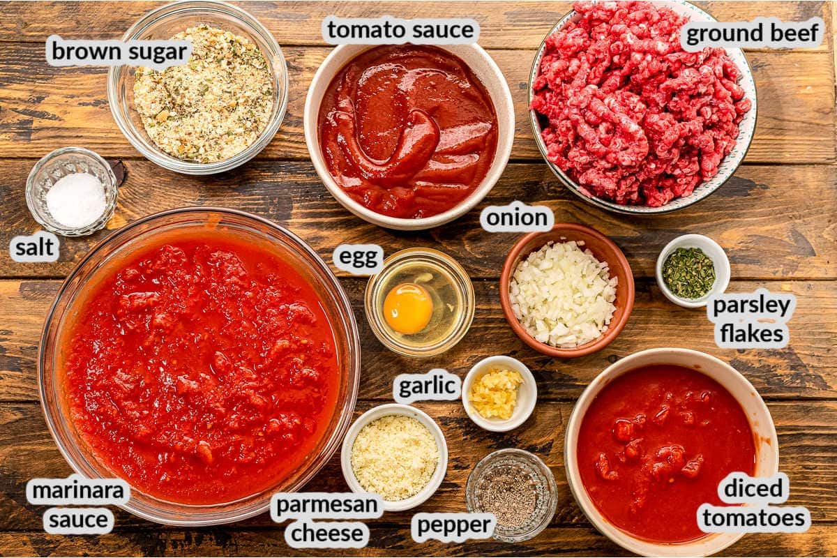 Overhead image of Crock Pot Meatballs Ingredients on wooden background