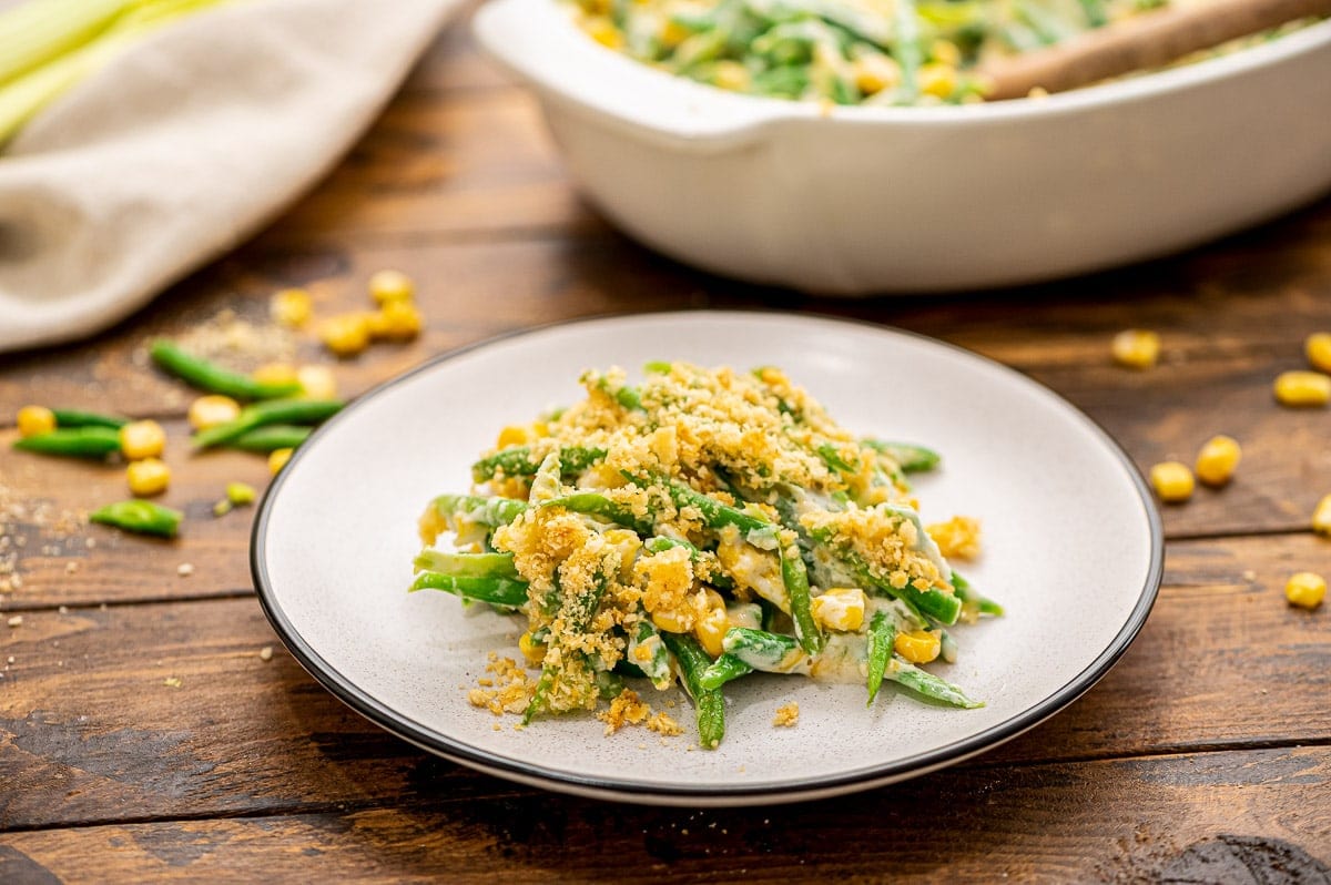 Green Bean Corn Casserole on a white plate