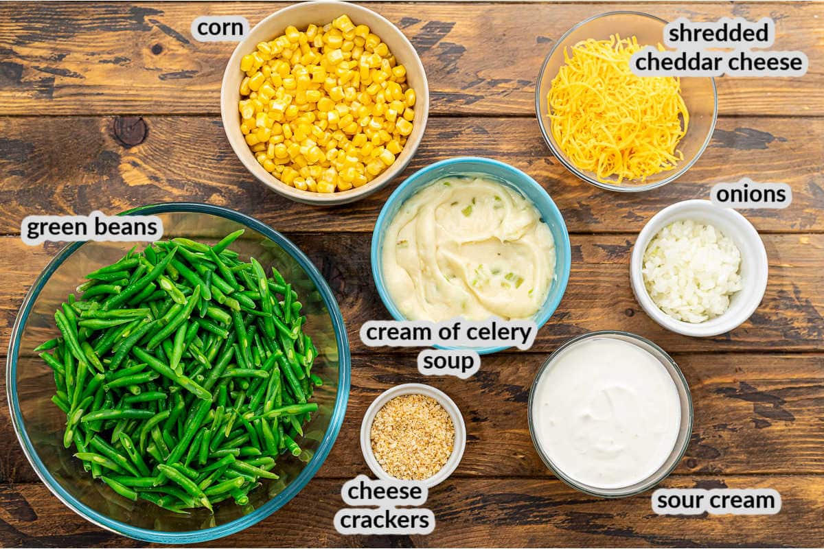 Overhead image of Green Bean Corn Casserole Ingredients in bowls