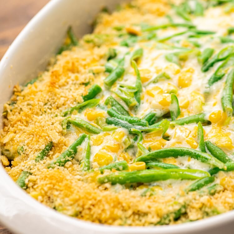 Green Bean Corn Casserole in a white casserole dish