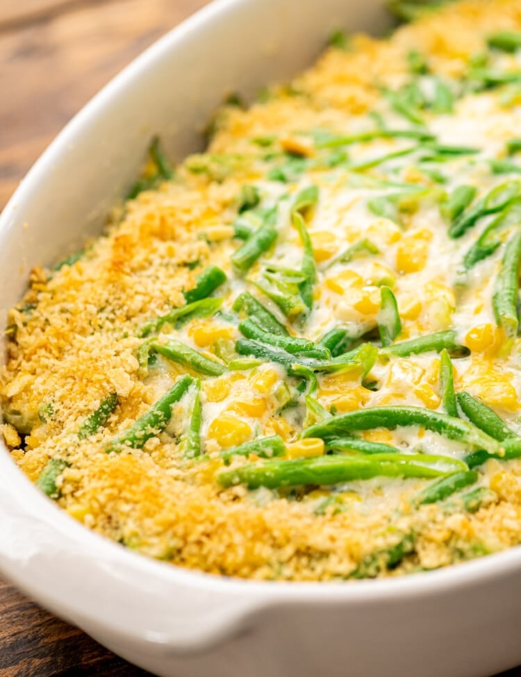 Green Bean Corn Casserole in a white casserole dish