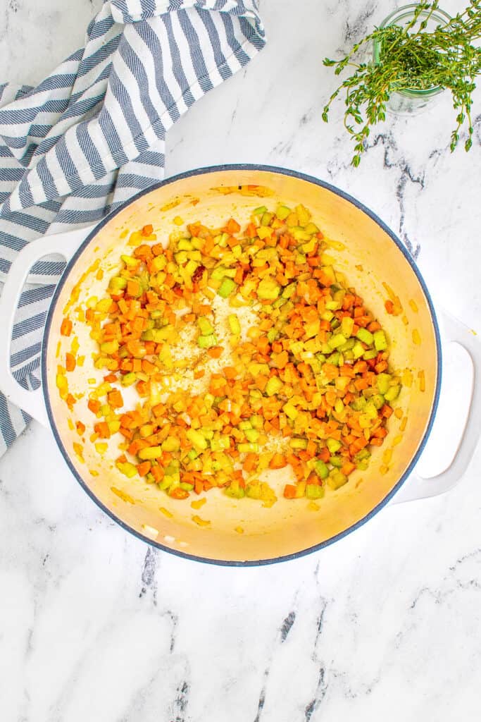 Carrots and Celery in Dutch Oven sauteing