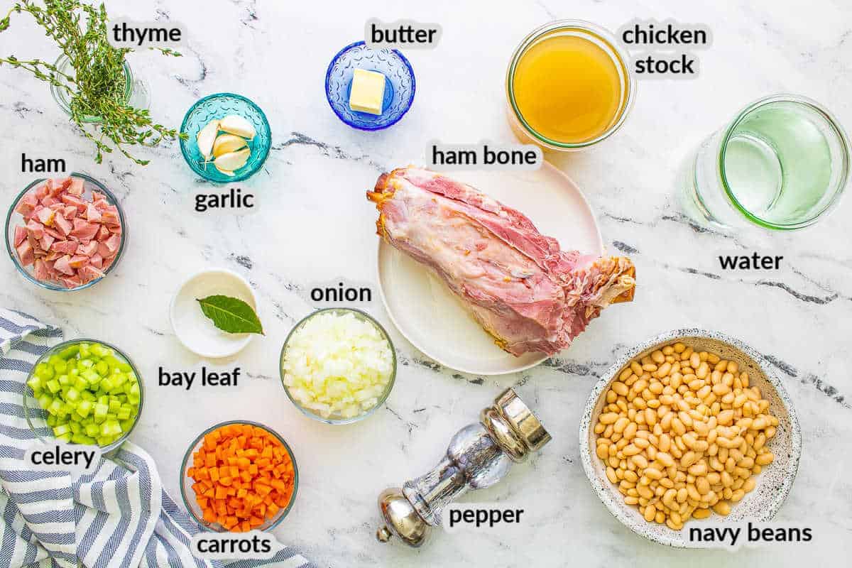 Overhead image of Ham Bone Soup Ingredients in bowls