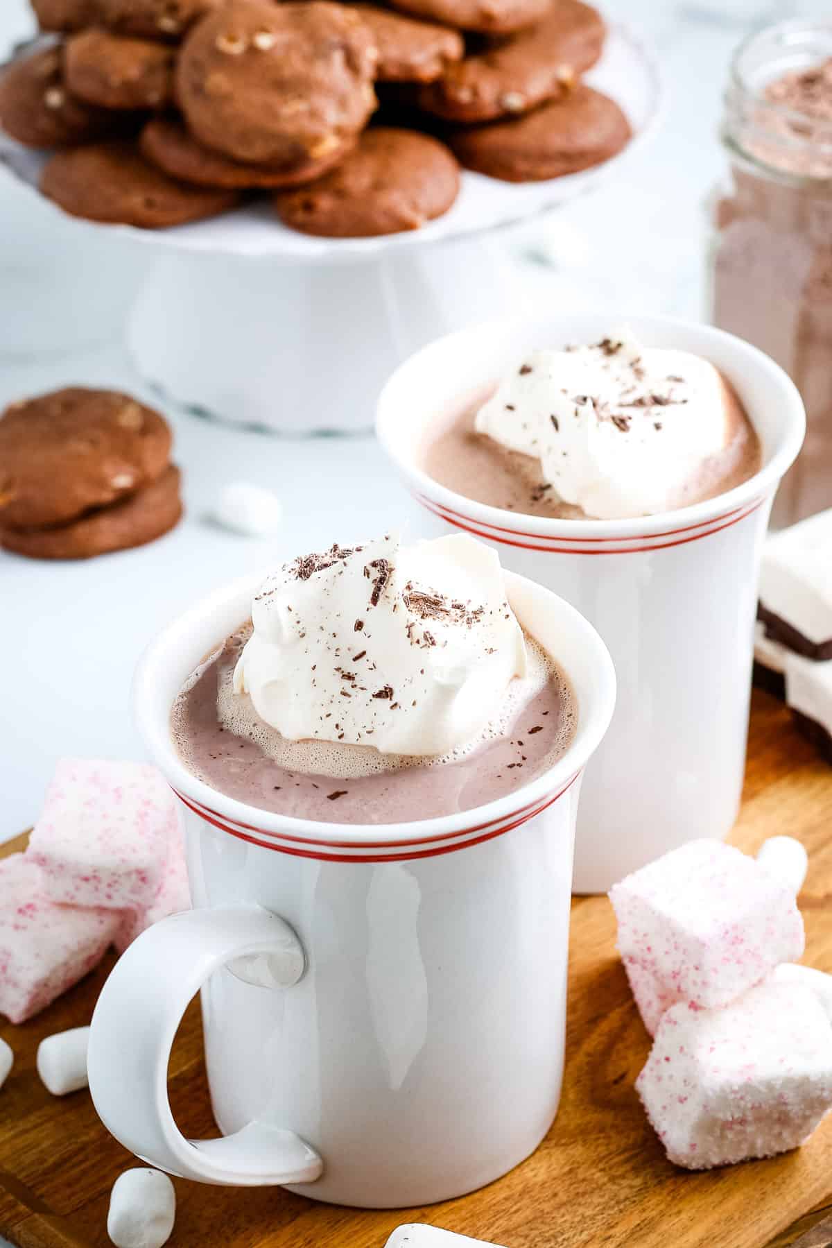 Hot Cocoa in white mug with red stripes