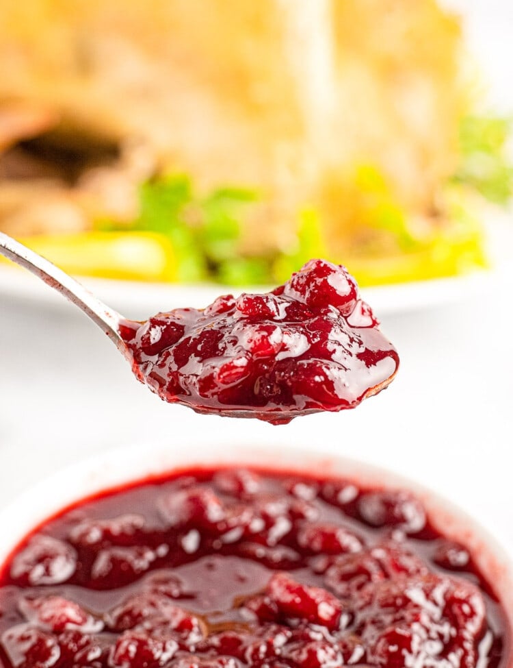 Instant Pot Cranberry Sauce on a spoon with bowl of it in background