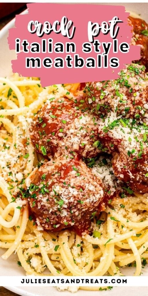 Crock Pot Meatballs Pin Image with text overlay on top and a photo of meatballs and spaghetti below