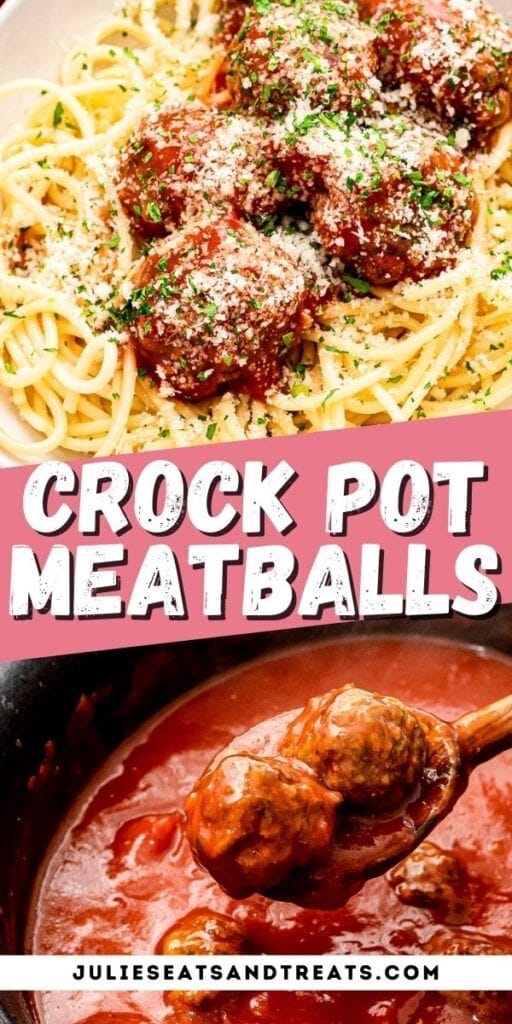 Pin Image for Italian Style Crock Pot Meatballs with spaghetti and meatballs in top photo, recipe name in text overlay in middle, and bottom a spoon holding meatballs of crock pot