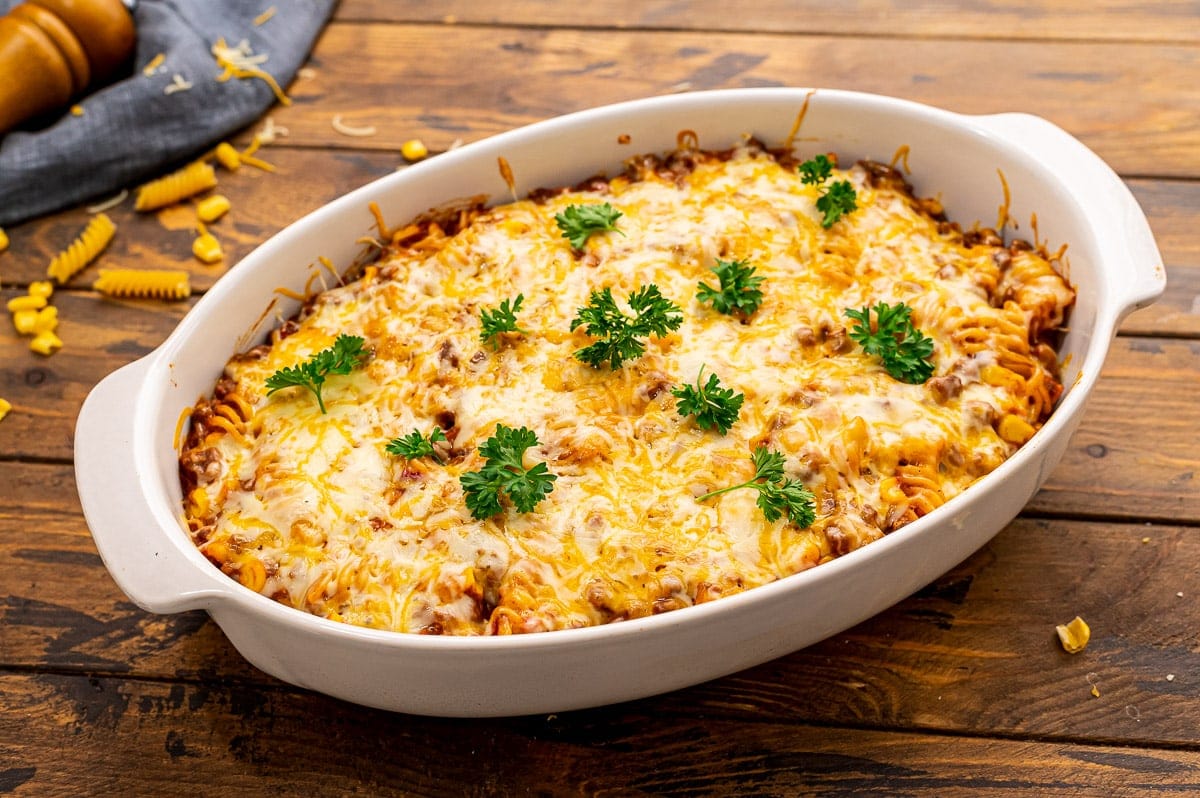 Mexican Pasta Bake in white casseroled dish