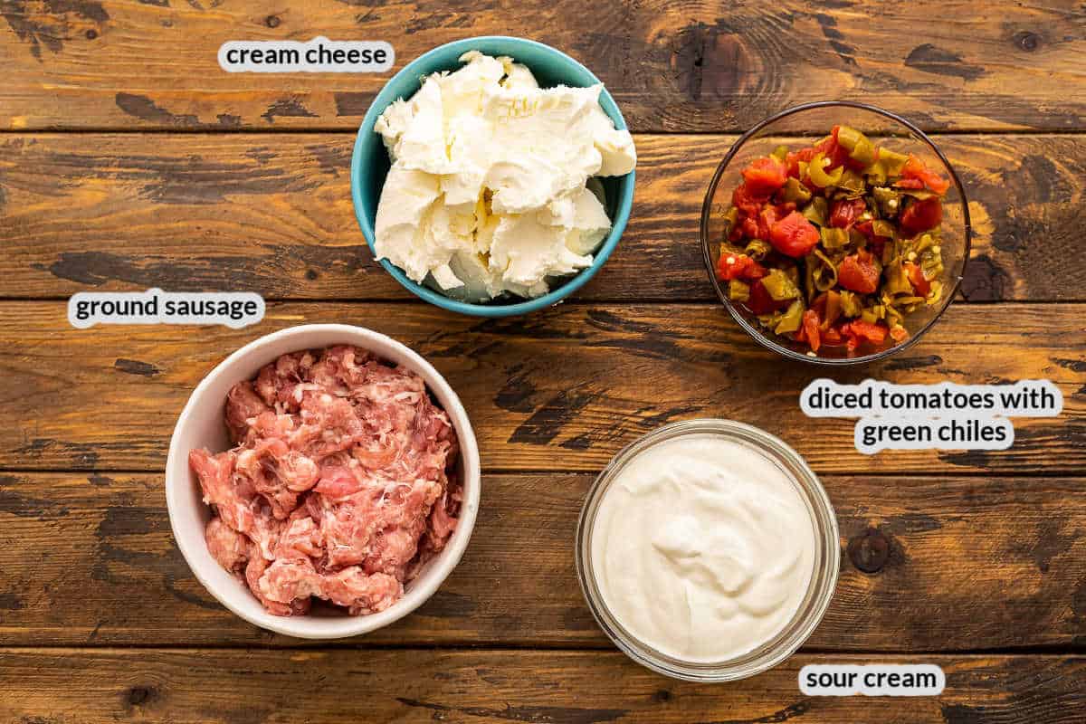 Overhead Image of Sausage Dip Ingredients in bowls