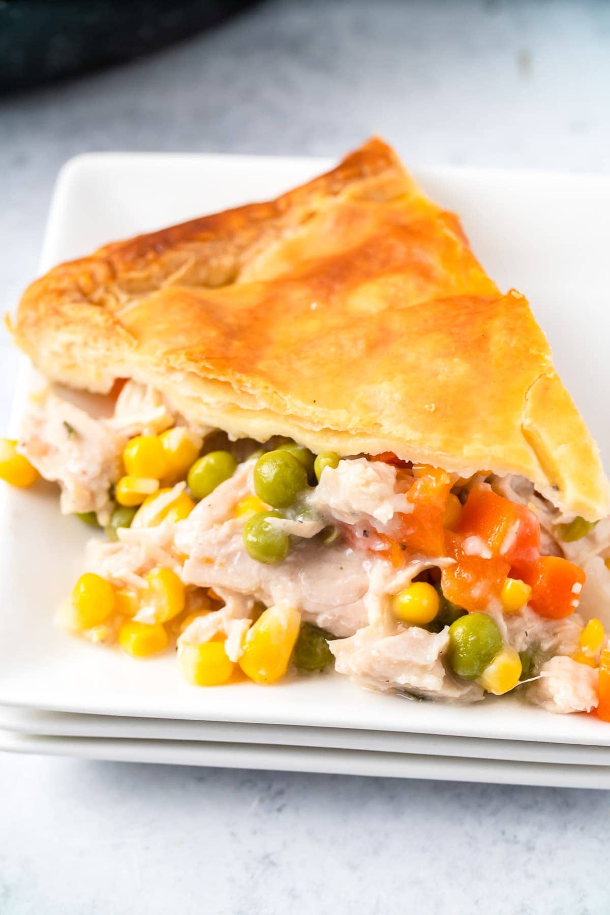 Turkey Pot Pie slice on white plate