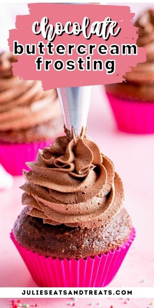 Chocolate Buttercream Frosting Pin Image with title of recipe on top and image of frosting being piped on cupcake.