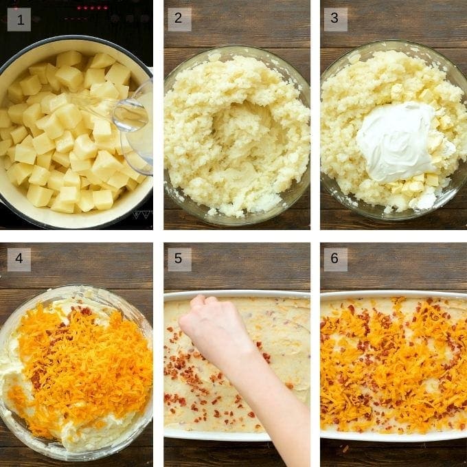 Twice Baked Potato Casserole Collage of 6 photos showing steps to make recipe