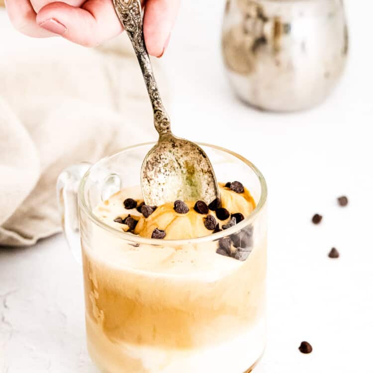 Spoon taking a spoonful of Affogato out of glass