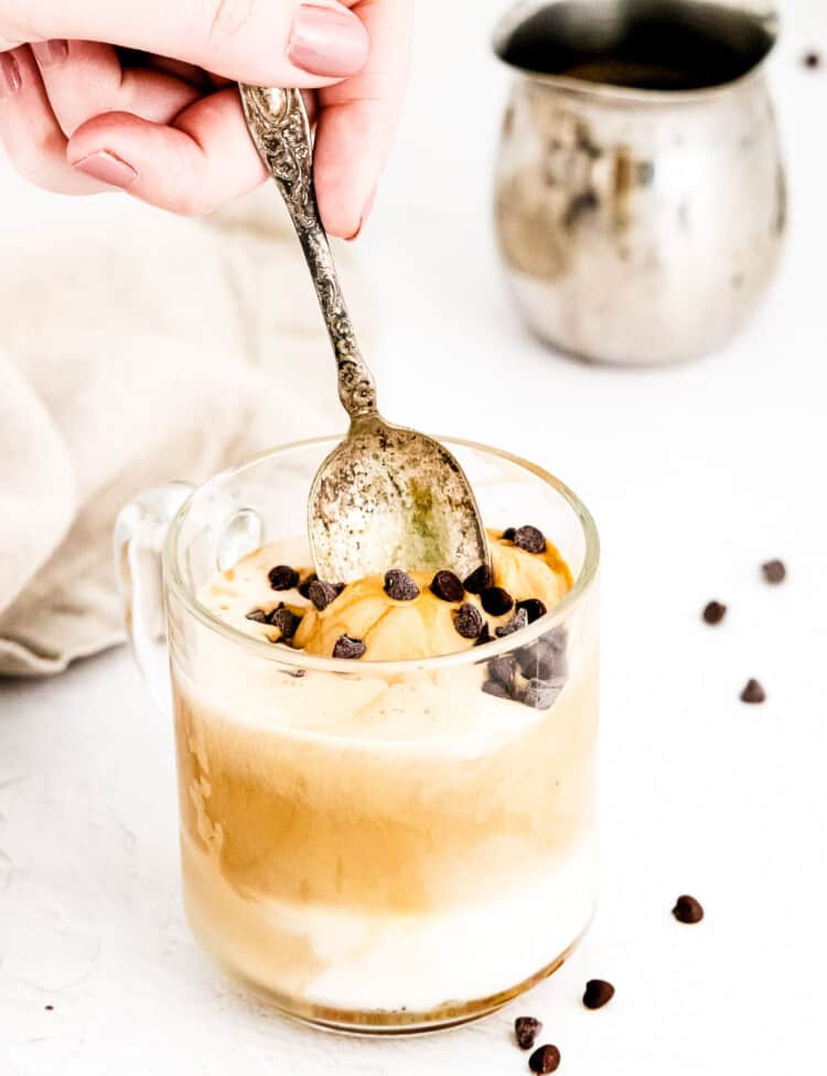 Spoon taking a spoonful of Affogato out of glass