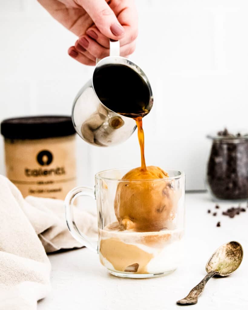 Pouring espresso for Affogato over gelato