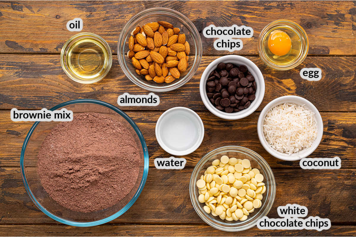 Overhead Image of Almond Joy Cookies Ingredients with text labels