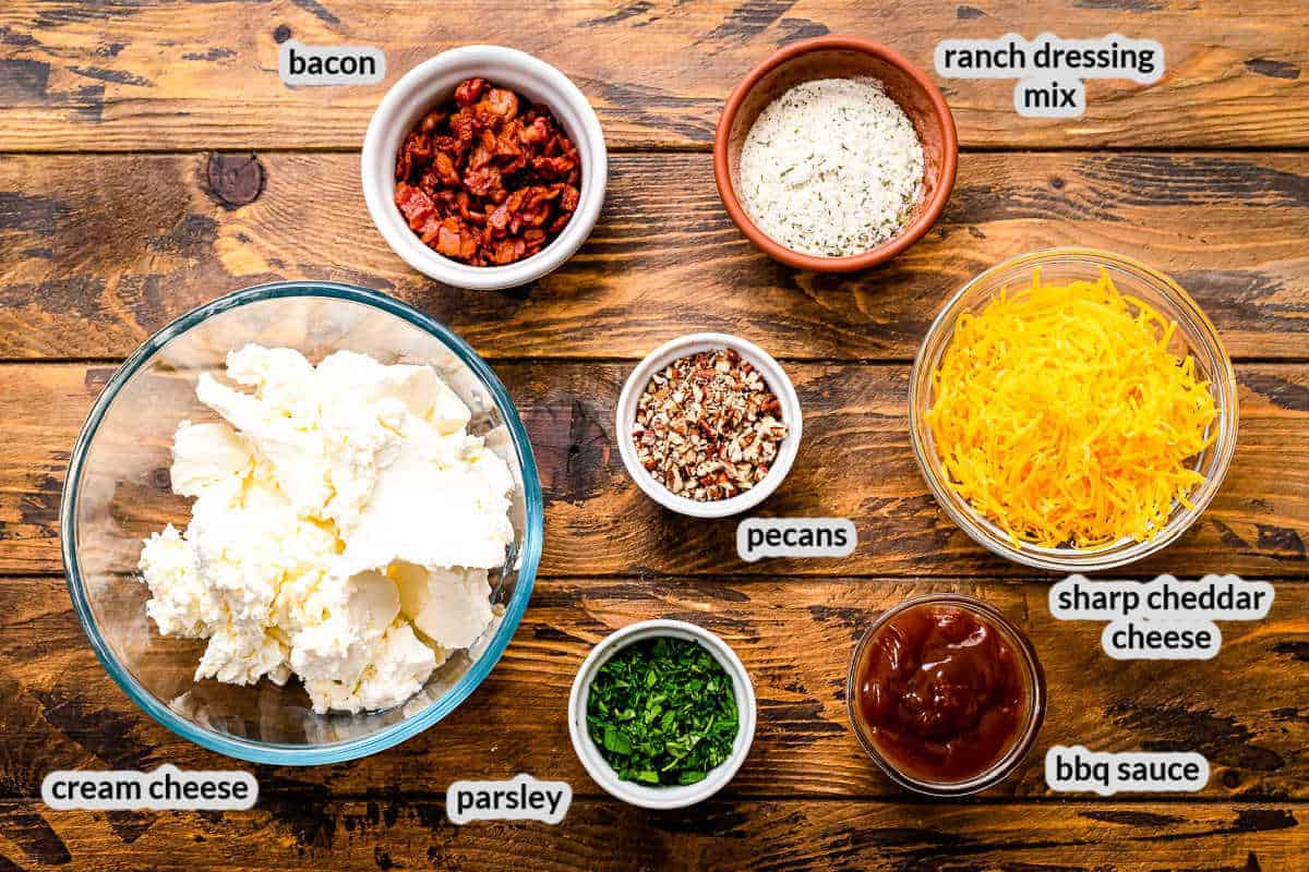 Overhead image of Bacon Ranch Cheese Ball Ingredients