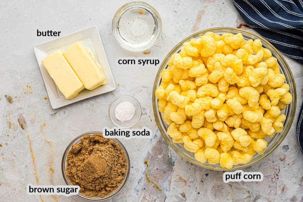 Overhead image of Caramel Puff Corn Ingredients