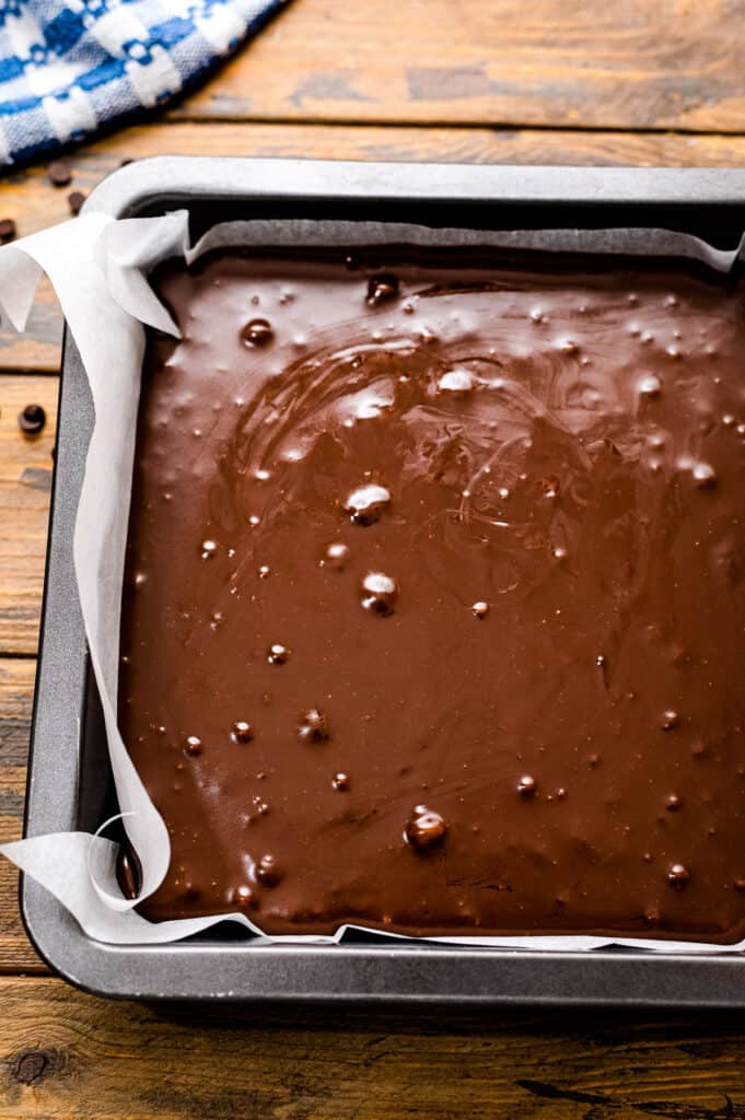 Chocolate Fudge in square pan before cooling