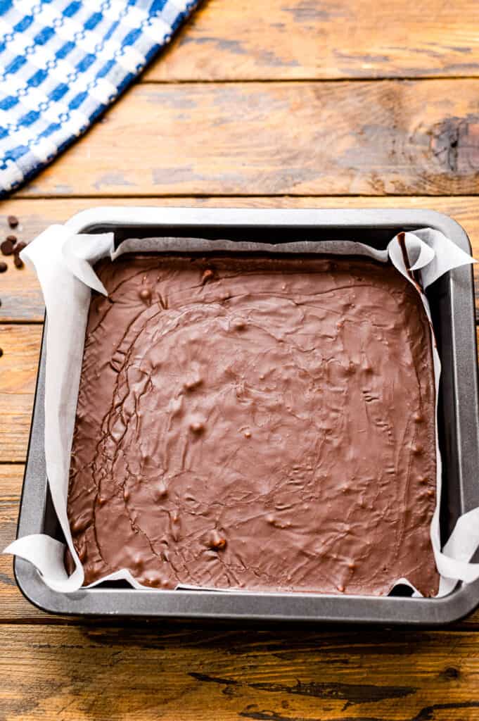 Cooled Chocolate Fudge in square pan