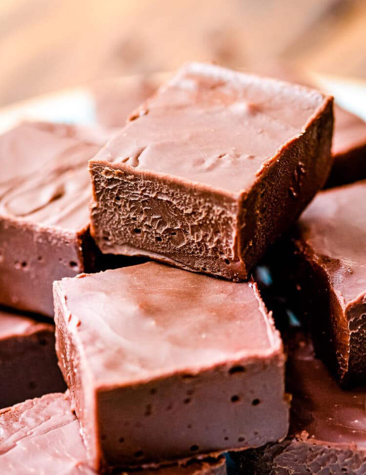 Stack of chocolate fudge on plate