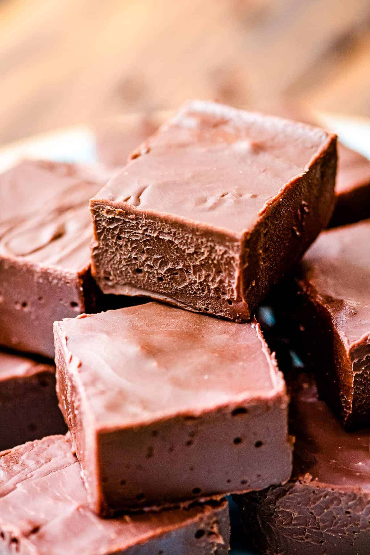 Stack of chocolate fudge on plate