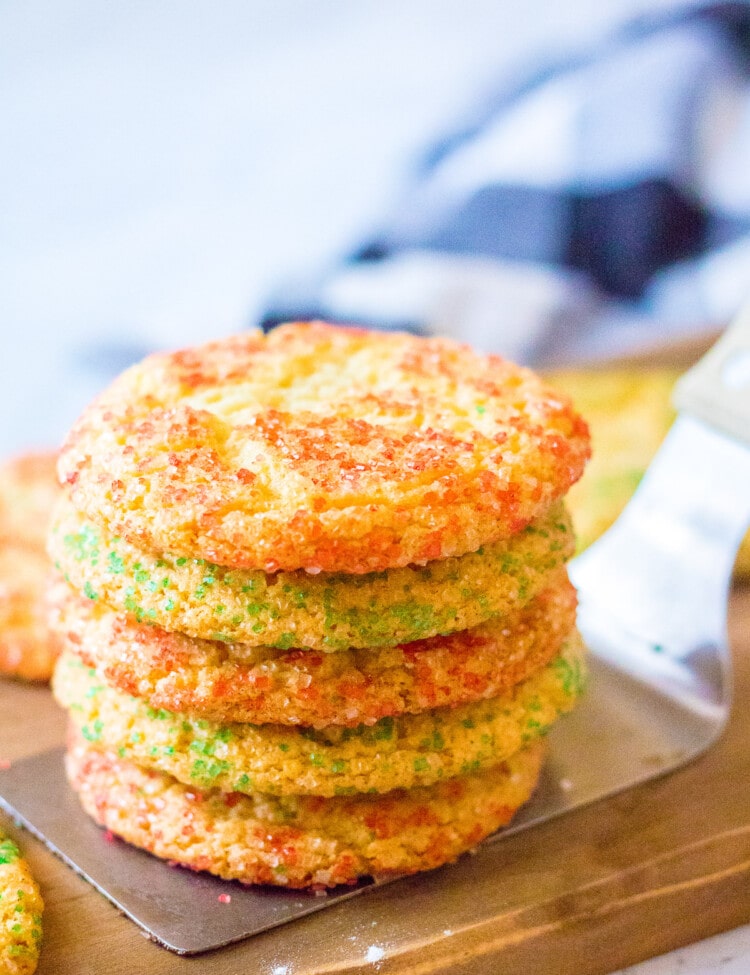 Stack of Christmas Snickerdoodles on a spatula
