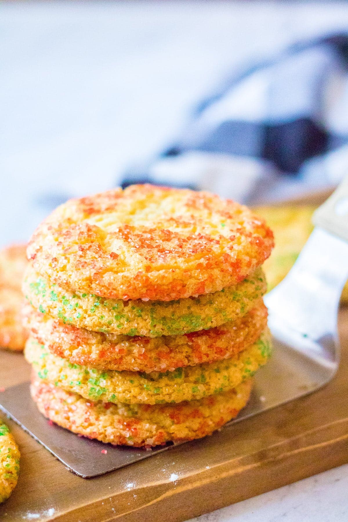 Stack of Christmas Snickerdoodles on a spatula