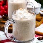 Square Cropped image of Homemade Eggnog in glass mug.