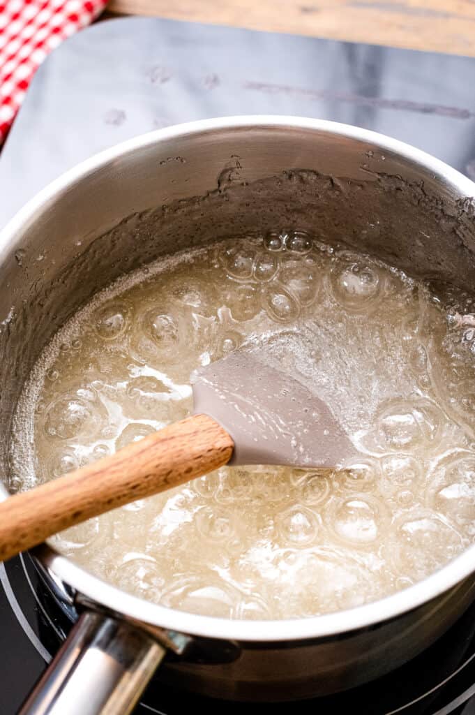 Saucepan with corn syrup mixture for caramels