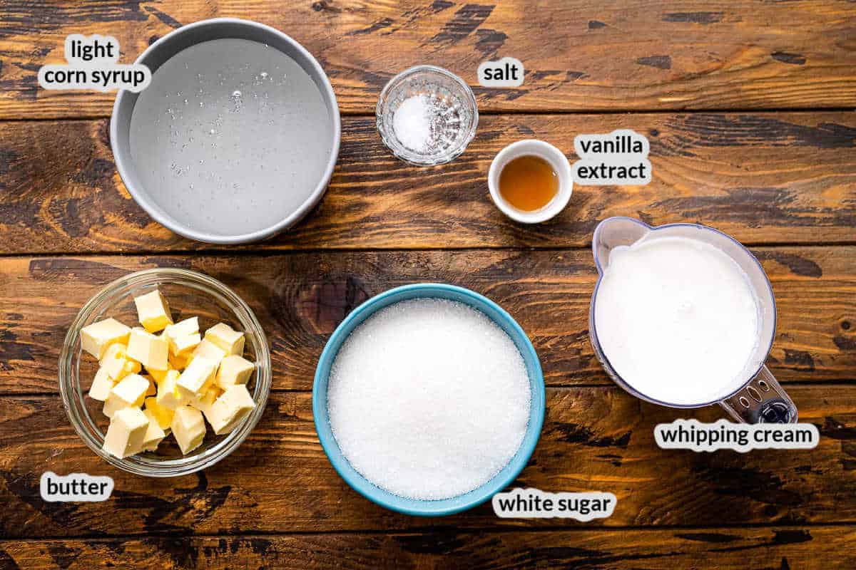 Overhead Image of Homemade Caramels Ingredients in bowls