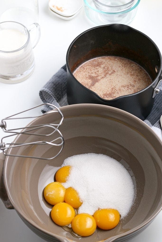 Bowl with egg yolks and sugar in it before mixing
