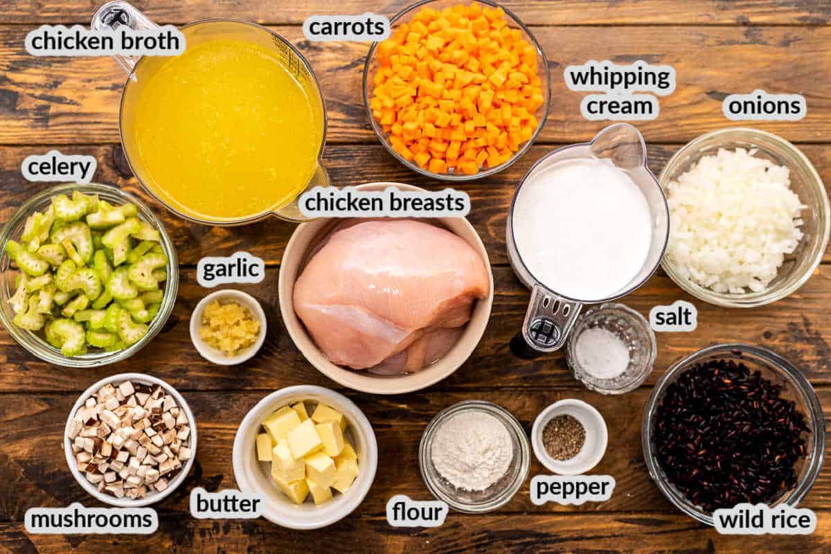 Overhead Image of Instant Pot Chicken Wild Rice Soup Ingredients in bowls