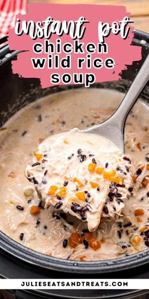 Pin Image for Instant Pot Chicken Wild Rice Soup with text overlay on top and photo of soup in ladle on the bottom.