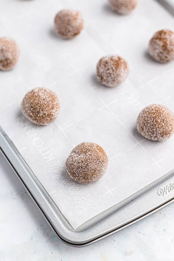 Dough balls of molasses cookie dough rolled in sugar on a baking sheet