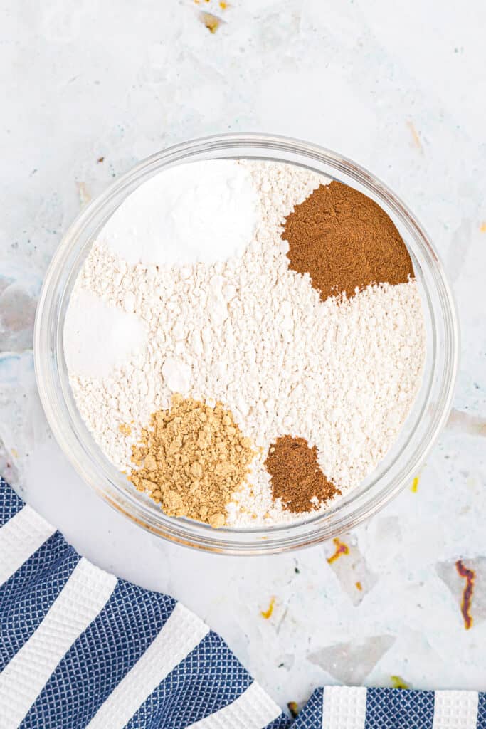 Overhead of image of dry ingredients for molasses cookies before mixing