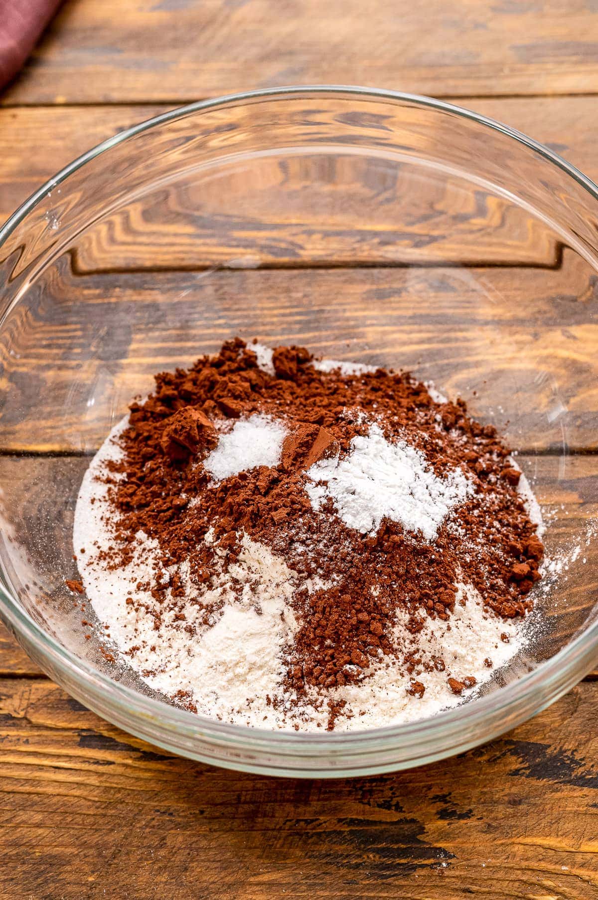 Brownie Ingredients in glass bowl before mixing.