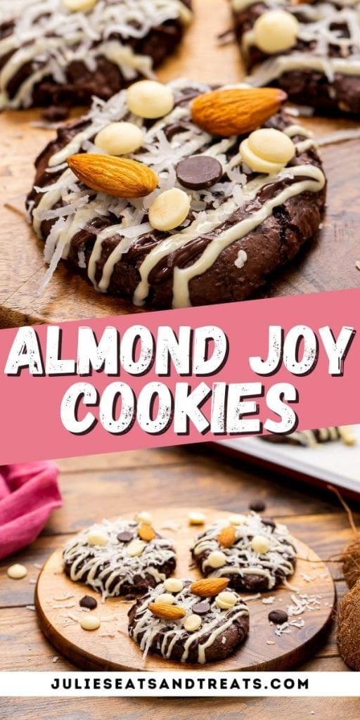 Pin Image Almond Joy Cookies with close up image of cookie on top, text overlay of recipe name in middle and bottom showing cookies on wooden cutting board.