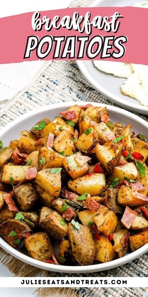 Pin Image Breakfast Potatoes with text overlay on top and plate of potatoes below.