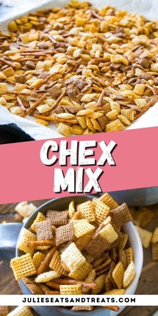 Chex Mix Pin Image with chex mix on sheet pan on top image, text overlay in the middle of recipe name and bottom showing it in a mug.