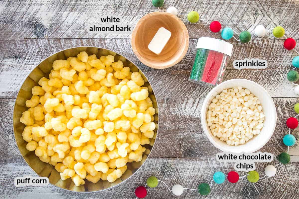 Overhead image of white chocolate puff corn Ingredients with labels