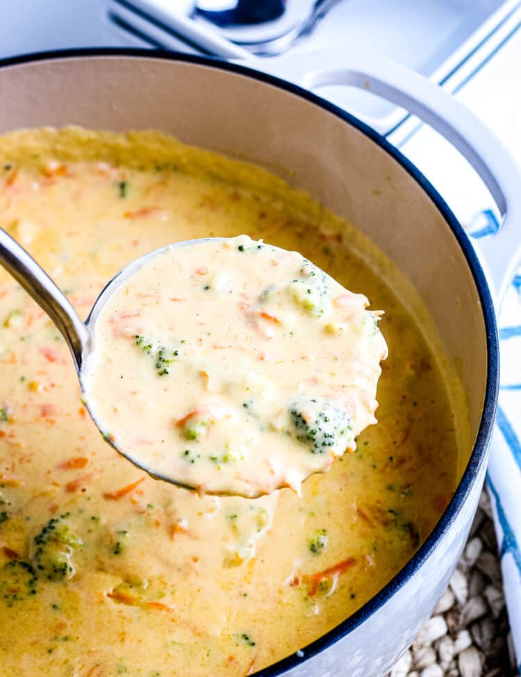 Ladle full of homemade Broccoli Cheese Soup